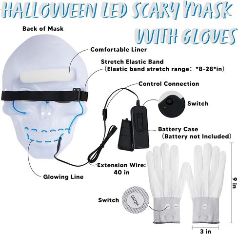 JOYIN قناع جمجمة LED للهالوين مع قفازات مضيئة، قناع جمجمة أزرق مخيف يتوهج، قناع هيكل عظمي يتوهج في الظلام للبالغين من الرجال والنساء أزياء الهالوين التنكرية ملحقات الحفلات in Saudi Arabia
