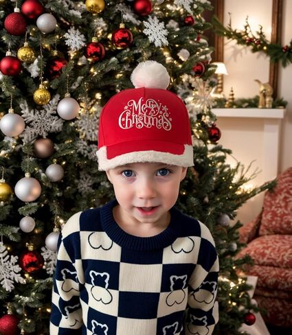 Merry Christmas Hat for Kids, Adjustable Embroidered Toddler Xmas Holiday Baseball Cap with Pom Pom in Saudi Arabia