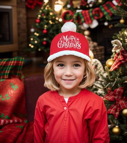 Merry Christmas Hat for Kids, Adjustable Embroidered Toddler Xmas Holiday Baseball Cap with Pom Pom in Saudi Arabia