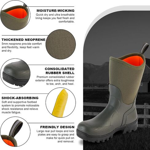 Showave Men's Mid Calf Rubber Work Boots Waterproof Rain Boots Insulated Mud Boots with Comfortable Sports Soles in Kuwait