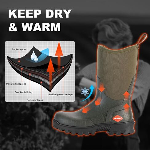 Showave Men's Mid Calf Rubber Work Boots Waterproof Rain Boots Insulated Mud Boots with Comfortable Sports Soles in Kuwait