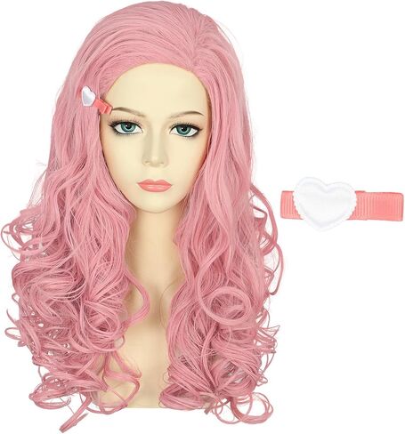 VGbeaty Girls Long Wavy Pink Wig with Pink Heart Hair Clip Disney Descendants Bridget Cosplay Wig Halloween Costume Wig in Kuwait