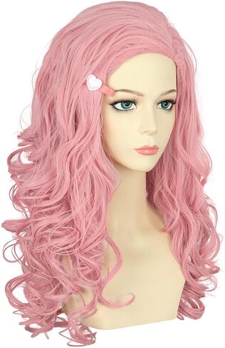 VGbeaty Girls Long Wavy Pink Wig with Pink Heart Hair Clip Disney Descendants Bridget Cosplay Wig Halloween Costume Wig in Kuwait