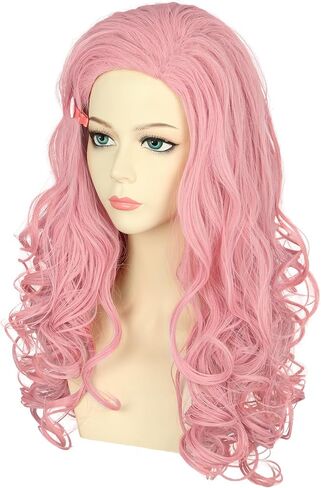 VGbeaty Girls Long Wavy Pink Wig with Pink Heart Hair Clip Disney Descendants Bridget Cosplay Wig Halloween Costume Wig in Kuwait