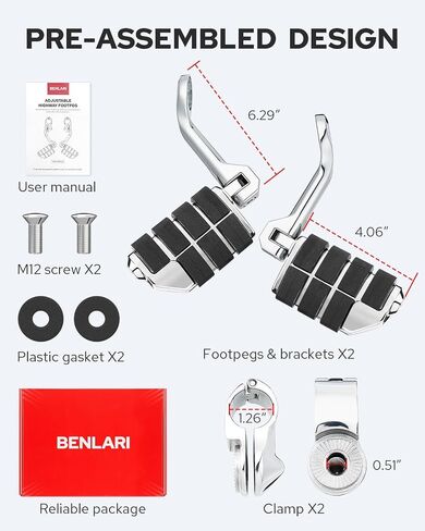 Benlari Highway Pegs,1.25" Motorcycle Highway Foot Pegs 304 Stainless Steel Long Angled Compatible With Harley Davidson Touring Street Glide Road Sportster fits 1-1/4"(32mm) Engine Guard(Chrome） in Saudi Arabia