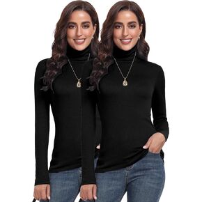 Cotton Ribbed Turtleneck Shirt Women Long Sleeve Turtle Necks Tops Thermal Undershirt 2Packs