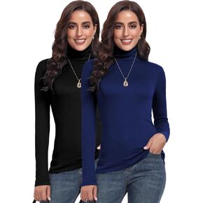 Cotton Ribbed Turtleneck Shirt Women Long Sleeve Turtle Necks Tops Thermal Undershirt 2Packs