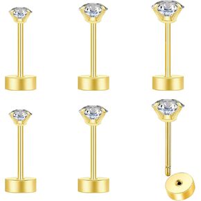 Threadless Flat Back Stud Earrings Small Hypoallergenic Earrings for Women Men Surgical Stainless Steel Cubic Zirconia Earrings Studs Push-in Cartilage Helix Tragus Piercing Jewelry CZ 2/3/4MM