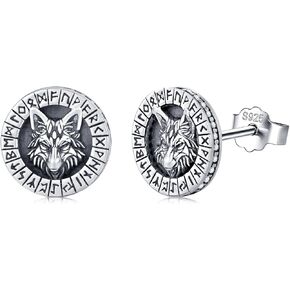 Viking Wolf Earrings 925 Sterling Silver Norse Viking Runes Stud Earrings Viking Jewelry for Men Women