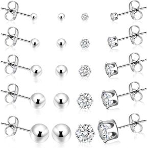 10 Pairs Surgical Stainless Steel Stud Earrings Set for Women Men Hypoallergenic Cubic Zirconia and Ball Earrings Studs for Multiple Piercing