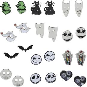 Bioworld Nightmare Before Christmas Large Stud Earring Set - Oogie Mask, Jack Skellington, Sally, Zero, Bat, and Cat - Advent Calendar, Multi Character