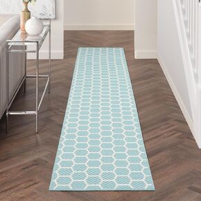 Nourison Reversible Indoor Outdoor Aqua 2'2" x 12' Area Rug Easy Cleaning, Non Shedding, Bed Room, Living Room, Dining Room, Kitchen (12' Runner)