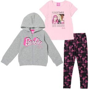 Barbie Zip Up Fleece Hoodie Graphic T-Shirt And Leggings 3 Piece Outfit Set Fl2271342Br Girls coordinated outfit