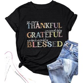 Fall Shirt for Women Thankful Grateful Blessed Vintage Letter Graphic T Shirts Casual Thanksgiving Tops Tee