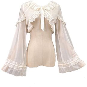 Lolita Long Sleeve Blouses Women Peter Pan Collar Victorian Shirt Vintage Kawaii Lace Up Frilly Tops Trendy Bottoming Shirt