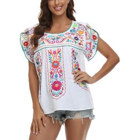Mexican Tops for Women Embroidered Shirts Traditional Summer Tunic Crew Neck Fiesta Blouse