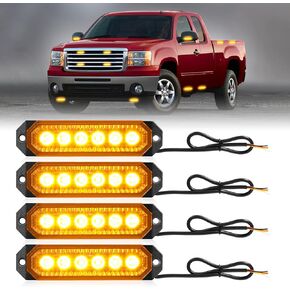 HLauto 406T Emergency Strobe Grille Lights: 4Pcs 6 LED Sync Feature Safety Warning Flashing Light, 12V-24V Ultra Slim Surface Mount Hazard Caution Light for Truck, Vehicle, Car, ATV, UTV (Amber White)