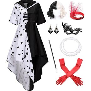 Women's Dalmatian Black and White Costume Dress with Wig Gloves Accessories Party Outfit