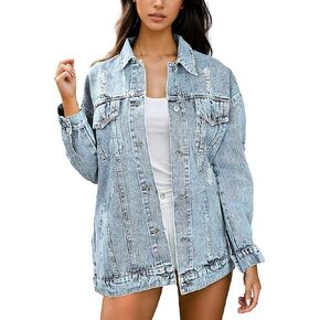 Women's Jean Jacket Denim Distressed Oversized Ripped Long Boyfriend Jacket Fall Soft Shacket Trucker Coat