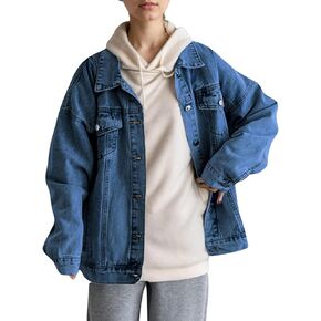 LifeShe Oversized Denim Jacket Women Boyfriend Long Jean Jacket Fall Loose Shacket Trucker Coats