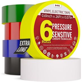 D-NYX 6 Pack Color Vinyl Electrical Tape | Waterproof Flame Heat & Weather Resistant IndoorOutdoor High-Temperature Professional Grade Electric Wire Tapes 3/4 in x 30 FT x 7 Mil Rainbow Colors