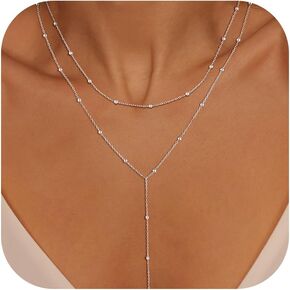 Lariat Gold Necklace for Women, Long Dainty 14K Gold/Silver Layered Necklaces for Women Trendy Y-Shaped Simple Beaded Chain Necklace Waterproof Gold Jewelry for Women Gifts