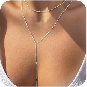 Gold Necklace for Women, Dainty Long Necklace 14k Gold Plated/Silver Y-Shaped Pendant Necklace Trendy Layered Cz Beaded Chain Lip chain Drop Necklaces for Women Gift Jewelry