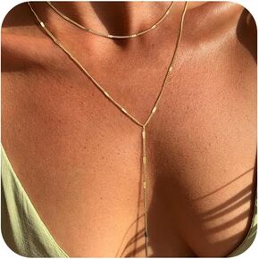 Gold Necklace for Women, Dainty Long Necklace 14k Gold Plated/Silver Y-Shaped Pendant Necklace Trendy Layered Cz Beaded Chain Lip chain Drop Necklaces for Women Gift Jewelry