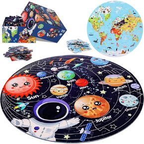 Puzzles for Kids Ages 4-6: Solar System Jigsaw with World Map Floor Puzzles - Large Round Educational Puzzle Toys for 4 5 Year Old Boys Girls (70 Piece Double Sided)