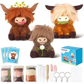 WATINC Highland Cow Needle Felting Kit - Set of 3 Different Highland Cow Doll Wool Felt Needle Felting Tools Foam Pad, DIY Home Decoration Needle Felting Craft Party Supplies for Beginners