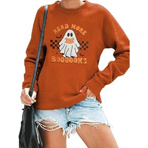 HAJIEXY Halloween Teacher Sweatshirt Women قراءة المزيد من الكتب بلوفر لطيف شبح دودة الكتب قراءة طويلة الأكمام قمصان الهالوين