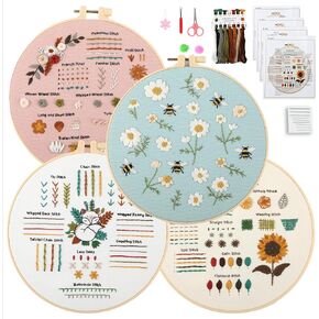 JOINRUN Beginner DIY Embroidery Kit for Adults: 4 Sets Adults Cross Stitch Kit, for Craft Lover Learn Hand Stitch, Includes Stamped Pattern,Hoop, Easy to Follow Instruction and Video