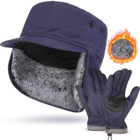 Men's Warm Winter Earflaps Hat Gloves Set Fully Lined Faux Fur Hats Waterproof Full Finger Touchscreen Gloves