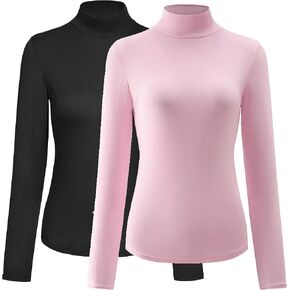 Kindcall Women’s Slim Fitted Mock Turtleneck Tops Long Sleeve Lightweight Base Layer Shirts Black+Pink 2Pack XX-Large