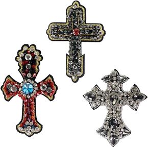 Handmade Beads Cross Badges Crystal Emblem Sew on Shoes Decorative Patches 3pieces