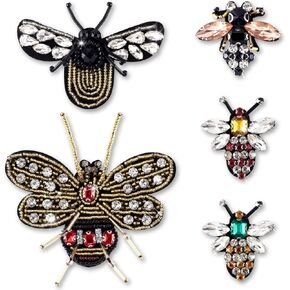 PAGOW 5 Pcs Rhinestone Beaded Bee Patches, Sew on Crystal Beaded Appliques, Sewing Embroidered Patches Applique for Jackets, Jeans, Clothing, Handbag, Shoes, Decorative, DIY Projects (5 Styles)