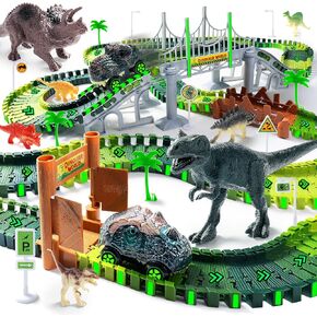 Dinosaur Toys, 218 PCS Create A Dinosaur World Road Race Tracks Glow in The Dark, 2 Dinosaur Cars, 8 Dinos, Car Track for 3 4 5 6 7 8 Year Old Kids Toddler Boys Christmas Birthday Favor Gift