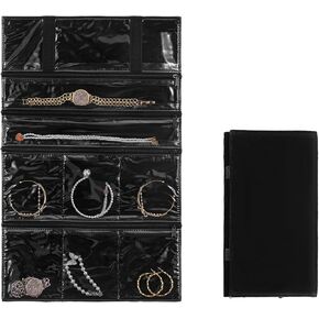 Travel Jewelry Organizer Foldable Jewelries Rolls Makeup Cosmetics Storage Bag for Earrings Rings Necklaces Bracelets with Zippered Pockets (36 Pockets)