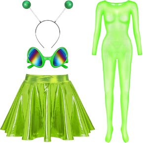 4 Pcs Green Halloween Alien Costume Women Alien Bodysuit Holographic Skirt Alien Headband and Glasses Set for Women