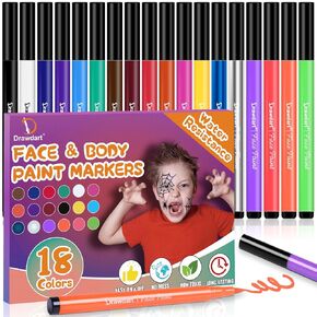 18 Colors Face Painting Markers, Water Resistance Sweatproof Halloween Face Body Paint Markers, Waterproof Tattoo Pen, Anti Smudge Face Paint Markers for Halloween Party Kids Adults