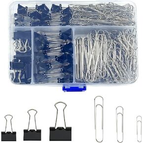 Binder Clips Paper Clips Assorted Sizes, 340 pcs Binder & Paper Clips in Container with Compartments, Silver Paper Clips & Black Binder Clips Set for Home, School, Office Supplies
