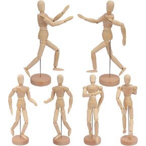 6 Pieces Artist Drawing Mannequin 8" Articulated Drawing Manikin with Base, Flexible Wooden Artists' Manikins for Sketching, Drawing and Painting, Home Decoration by GNIEMCKIN