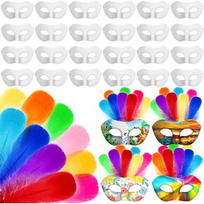 Leyndo 24 Pack Paper Mache Art Masks with 500 Craft Feathers, Half Face White Craft Masks DIY Blank Masks Mardi Gras Cosplay Party Masquerade Mask