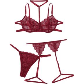 WDIRARA Women's Scallop Trim Floral Lace Garter Bra Lingerie Set with Choker