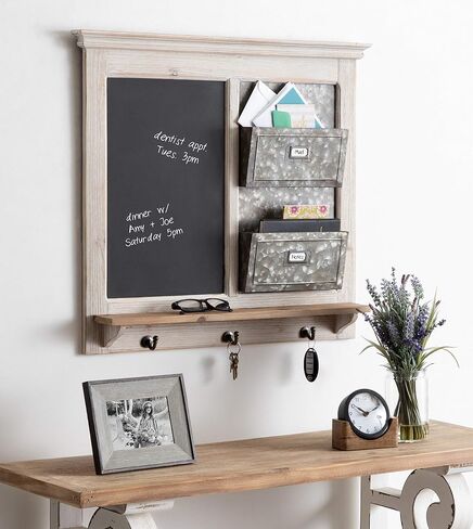 Kate and Laurel Idamae Wood Framed Chalkboard Wall Organizer with Mail Holders and Key Hooks, 28" x 25", Rustic Brown, Farmhouse-Inspired Chalkboard in Saudi Arabia