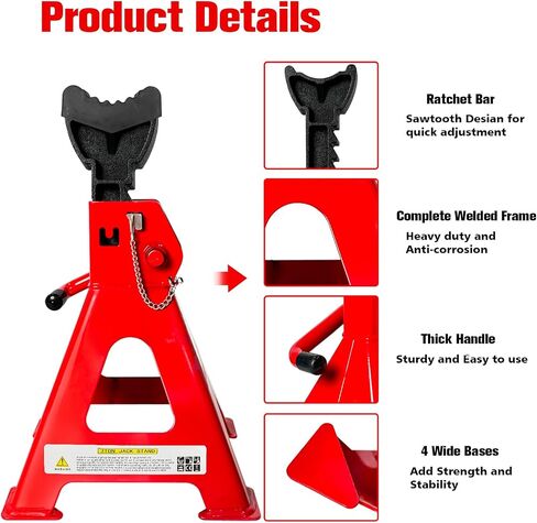 Jack Stands 3 Ton (6,600 LBs), 11.22"-16.54" Adjustable with Double Pin Locking for Reinforced Safety. Jack Stands Car Lift with Extra Rubber Pads for Home Garage,Lifting car 1 Pair Red in Kuwait