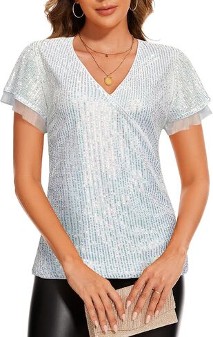 بلوزة نسائية من Genhoo ذات ترتر لامع وأكمام قصيرة مكشكشة ورقبة على شكل حرف V ملفوفة لامعة للحفلات المسائية وحفلات الكوكتيل in Kuwait