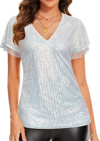 بلوزة نسائية من Genhoo ذات ترتر لامع وأكمام قصيرة مكشكشة ورقبة على شكل حرف V ملفوفة لامعة للحفلات المسائية وحفلات الكوكتيل in Kuwait