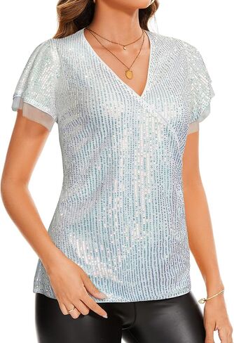 بلوزة نسائية من Genhoo ذات ترتر لامع وأكمام قصيرة مكشكشة ورقبة على شكل حرف V ملفوفة لامعة للحفلات المسائية وحفلات الكوكتيل in Kuwait