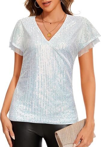 بلوزة نسائية من Genhoo ذات ترتر لامع وأكمام قصيرة مكشكشة ورقبة على شكل حرف V ملفوفة لامعة للحفلات المسائية وحفلات الكوكتيل in Kuwait